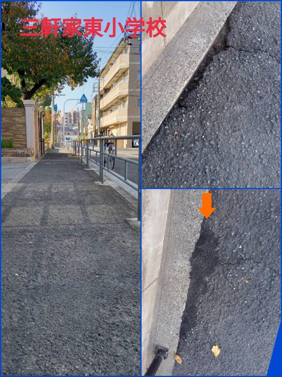 「三軒家東小学校」正門前の歩道