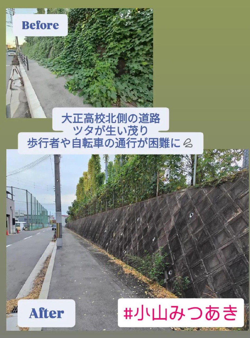 ツタが生い茂り歩行者や、自転車の通行が困難